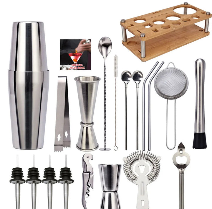 Cocktail-Shaker-Set aus Edelstahl mit Holzständer, Barzubehör, Sieb, Löffel, Ausgießer.