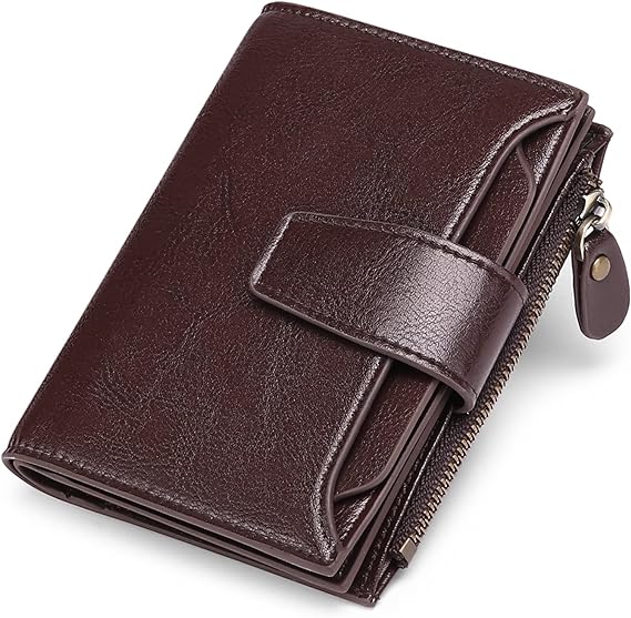 Braune Leder-Geldbörse mit Reißverschluss und Druckknopf, stilvoll und funktional.