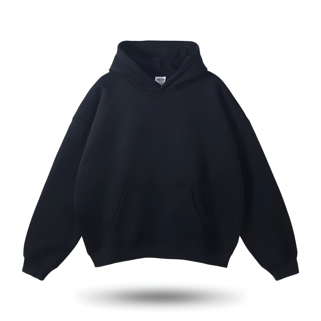 Schwarzer Hoodie, Unisex, Baumwolle, Kängurutasche, Kapuze, lässig, bequem, modisch.