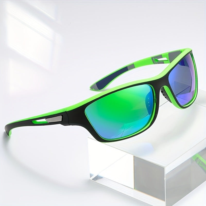 Grüne Sonnenbrille mit verspiegelten Gläsern, sportliches Design, UV-Schutz, Unisex.