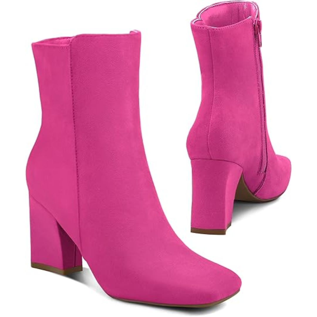 "Damen Chunky Block Heel Ankle Boots, quadratische Spitze, Mid-Calf, seitlicher Reißverschluss, braun lederartig"