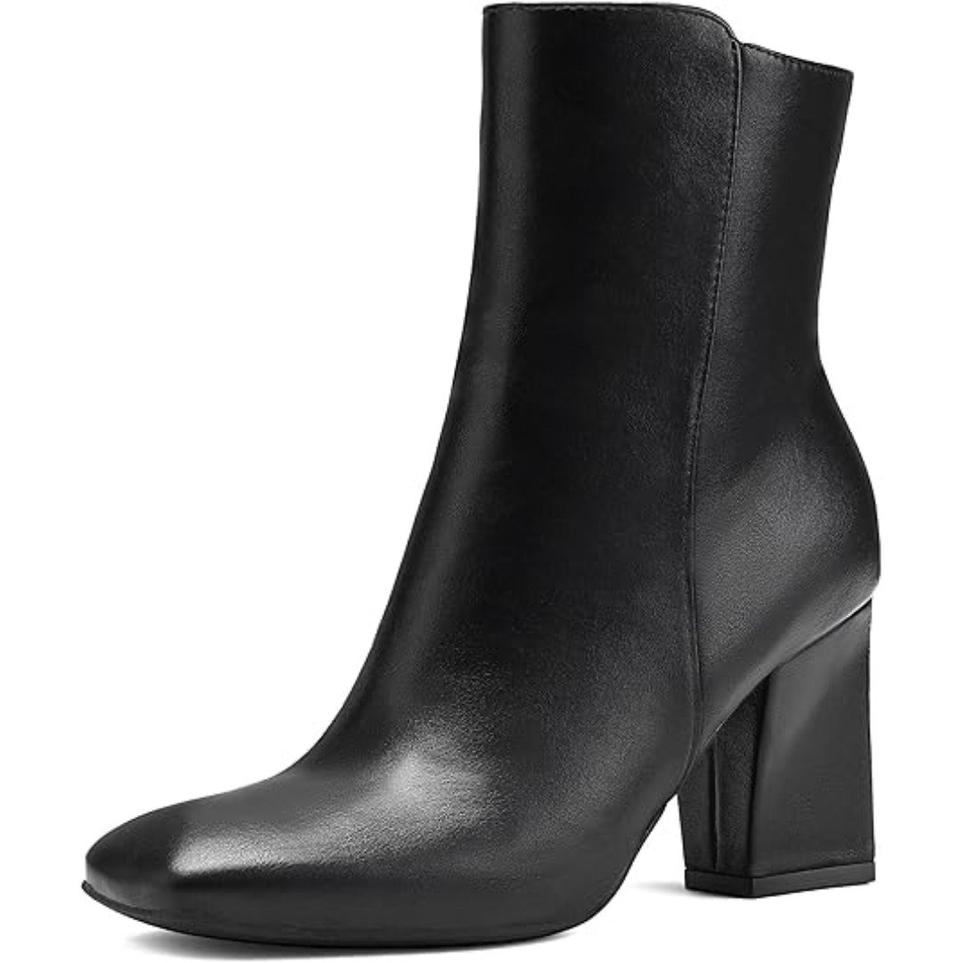 "Damen Chunky Block Heel Ankle Boots, quadratische Spitze, Mid-Calf, seitlicher Reißverschluss, braun lederartig"