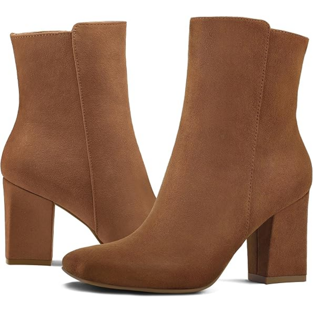 "Damen Chunky Block Heel Ankle Boots, quadratische Spitze, Mid-Calf, seitlicher Reißverschluss, braun lederartig"