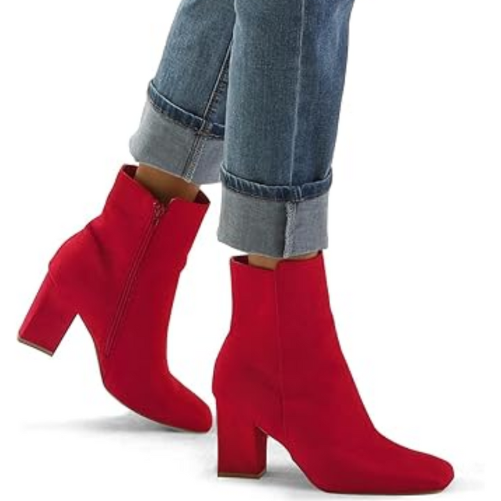 "Damen Chunky Block Heel Ankle Boots, quadratische Spitze, Mid-Calf, seitlicher Reißverschluss, braun lederartig"