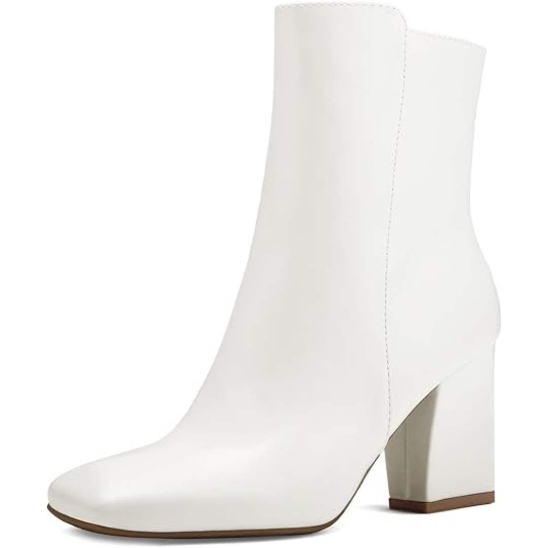 "Damen Chunky Block Heel Ankle Boots, quadratische Spitze, Mid-Calf, seitlicher Reißverschluss, braun lederartig"