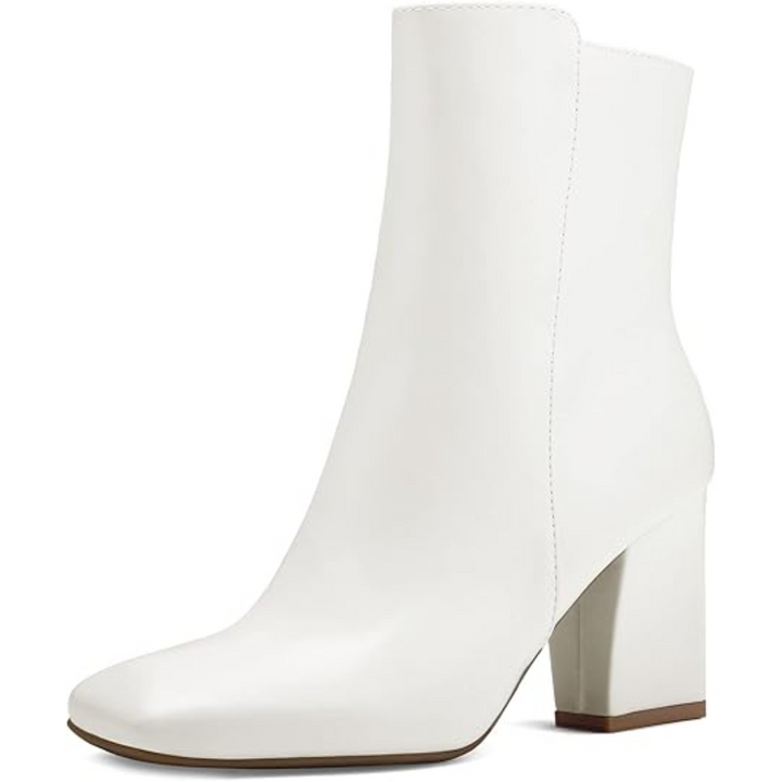 "Damen Chunky Block Heel Ankle Boots, quadratische Spitze, Mid-Calf, seitlicher Reißverschluss, braun lederartig"