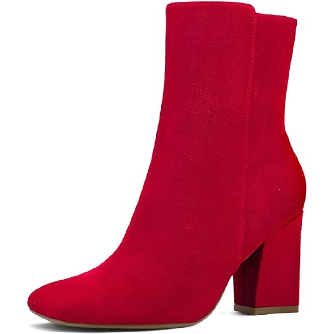 "Damen Chunky Block Heel Ankle Boots, quadratische Spitze, Mid-Calf, seitlicher Reißverschluss, braun lederartig"