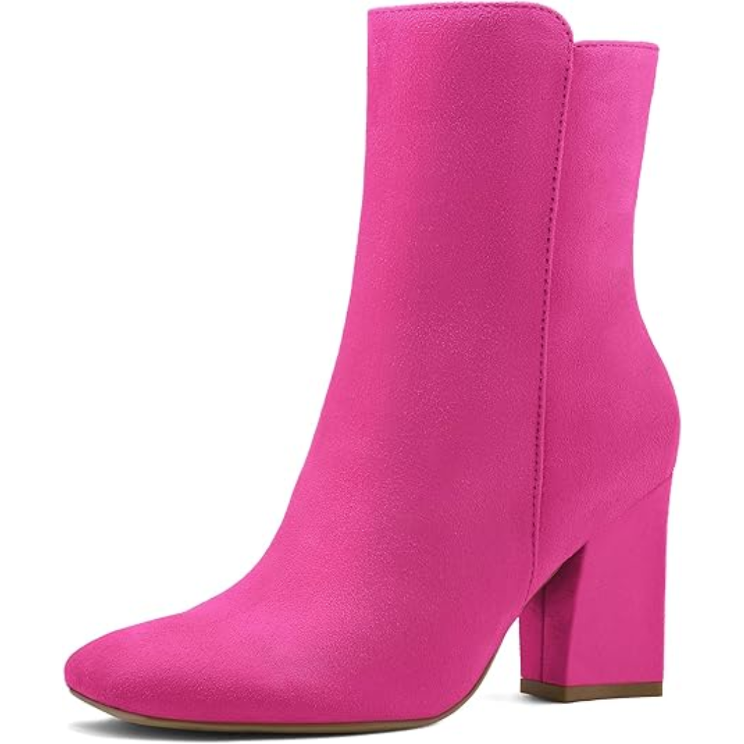 "Damen Chunky Block Heel Ankle Boots, quadratische Spitze, Mid-Calf, seitlicher Reißverschluss, braun lederartig"