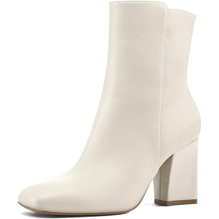 "Damen Chunky Block Heel Ankle Boots, quadratische Spitze, Mid-Calf, seitlicher Reißverschluss, braun lederartig"