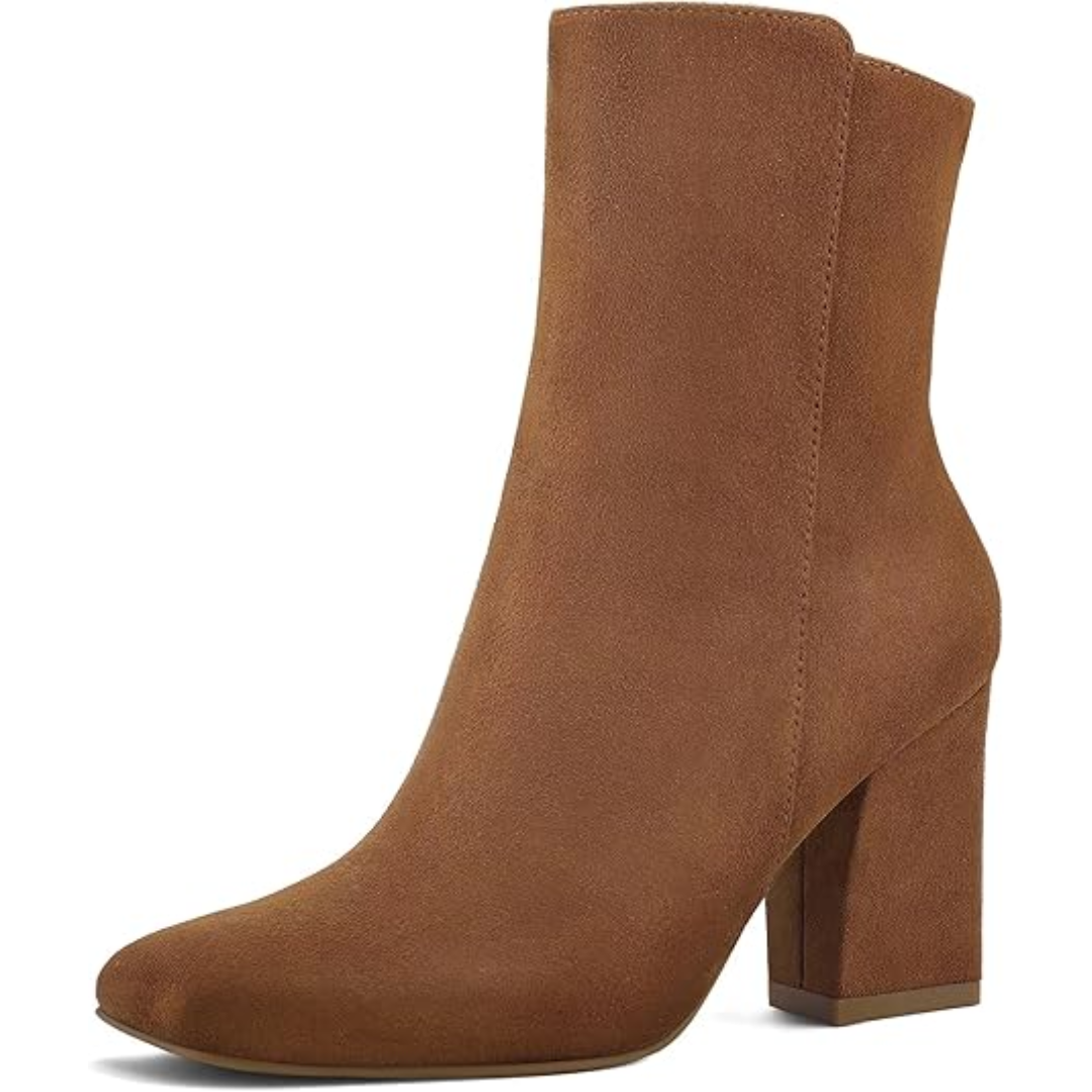 "Damen Chunky Block Heel Ankle Boots, quadratische Spitze, Mid-Calf, seitlicher Reißverschluss, braun lederartig"