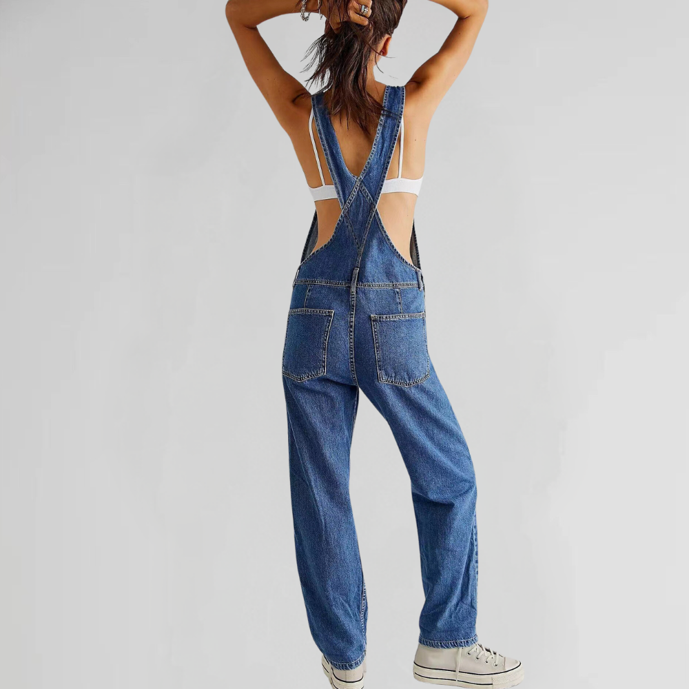 "Damen Denim-Overall Blau, gekreuzter Rücken, eleganter und bequemer Stil für Alltag und Freizeit."