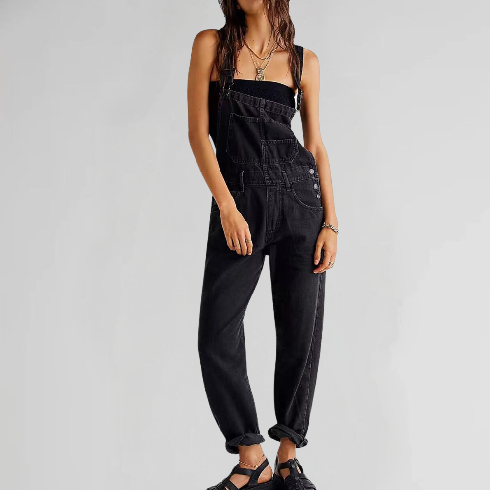 "Damen Denim-Overall Blau, gekreuzter Rücken, eleganter und bequemer Stil für Alltag und Freizeit."