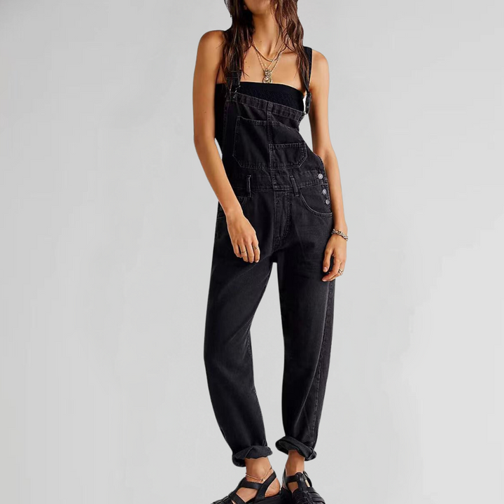 "Damen Denim-Overall Blau, gekreuzter Rücken, eleganter und bequemer Stil für Alltag und Freizeit."