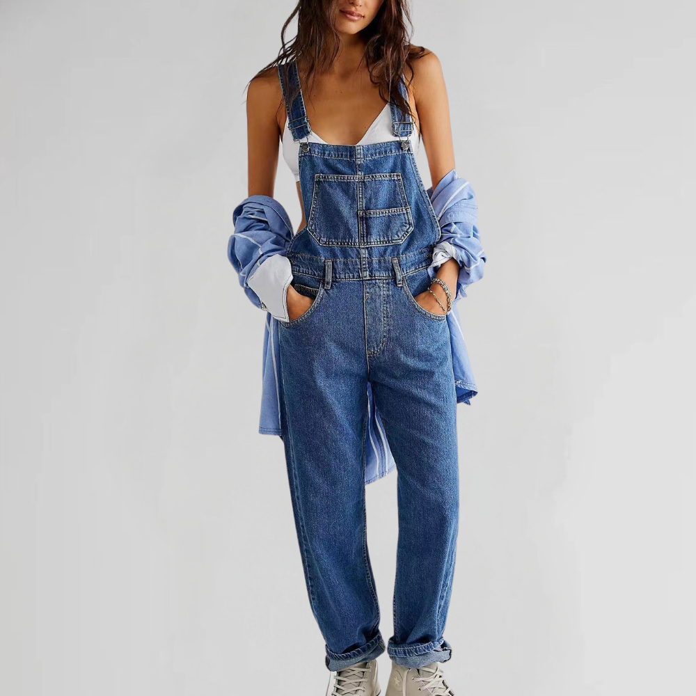 "Damen Denim-Overall Blau, gekreuzter Rücken, eleganter und bequemer Stil für Alltag und Freizeit."