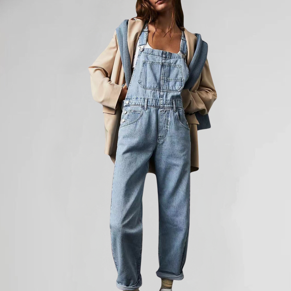 "Damen Denim-Overall Blau, gekreuzter Rücken, eleganter und bequemer Stil für Alltag und Freizeit."