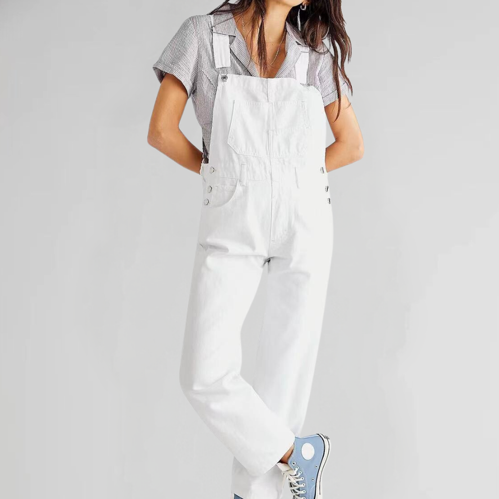 "Damen Denim-Overall Blau, gekreuzter Rücken, eleganter und bequemer Stil für Alltag und Freizeit."