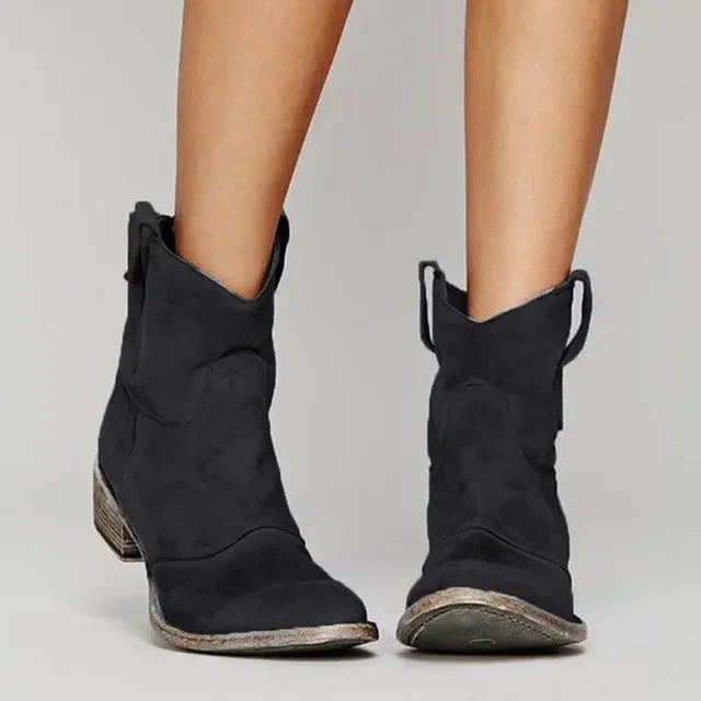 "Damen Lederstiefeletten Western-Stil, braun, mit abgerundetem Absatz und dekorativen Nähten, Vintage-Look."