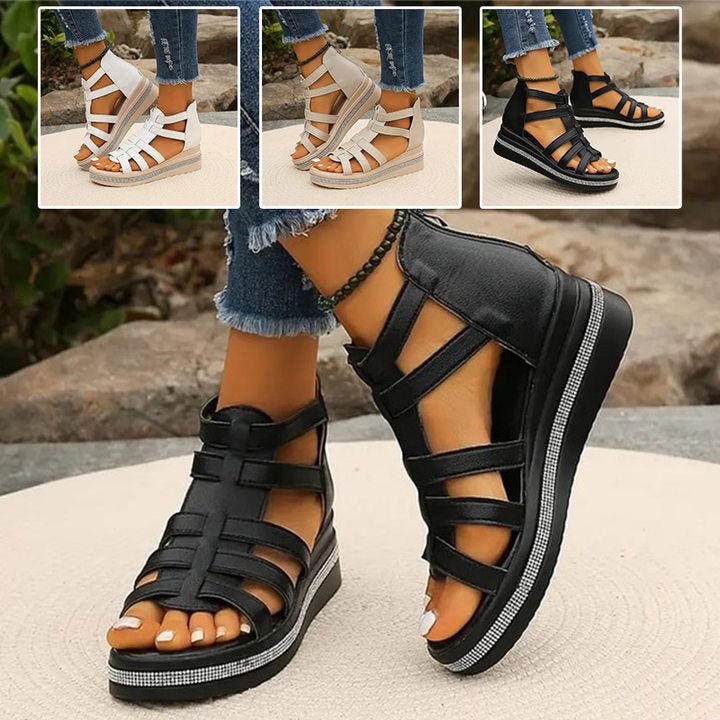 "Damen-Strasssandalen mit Keilabsatz in Weiß zeigen Glamour und Komfort mit funkelnden Strassdetails und offenem Design."
