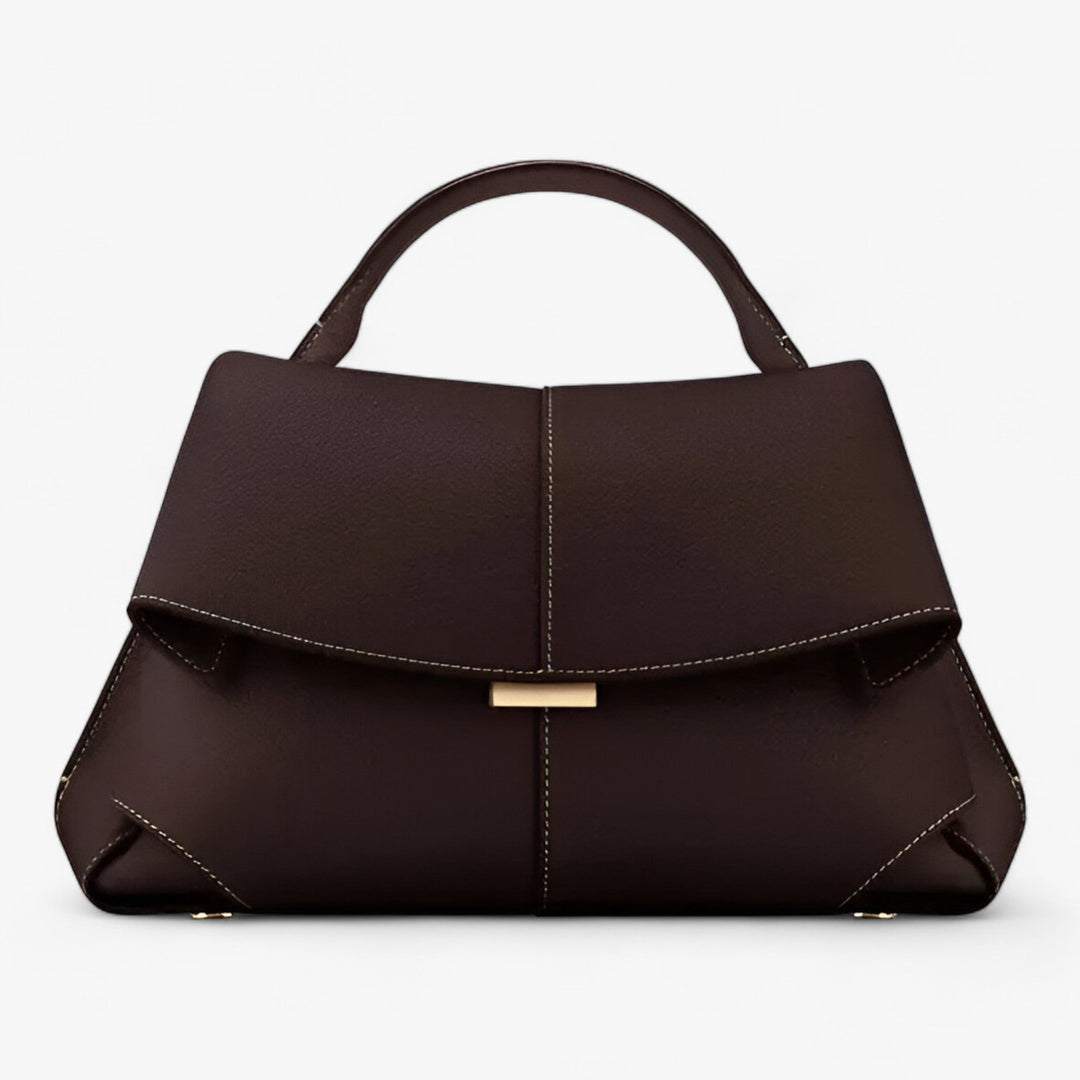 Dunkelbraune Lederhandtasche mit goldenen Akzenten, elegantes Design, Damenmode Accessoire.
