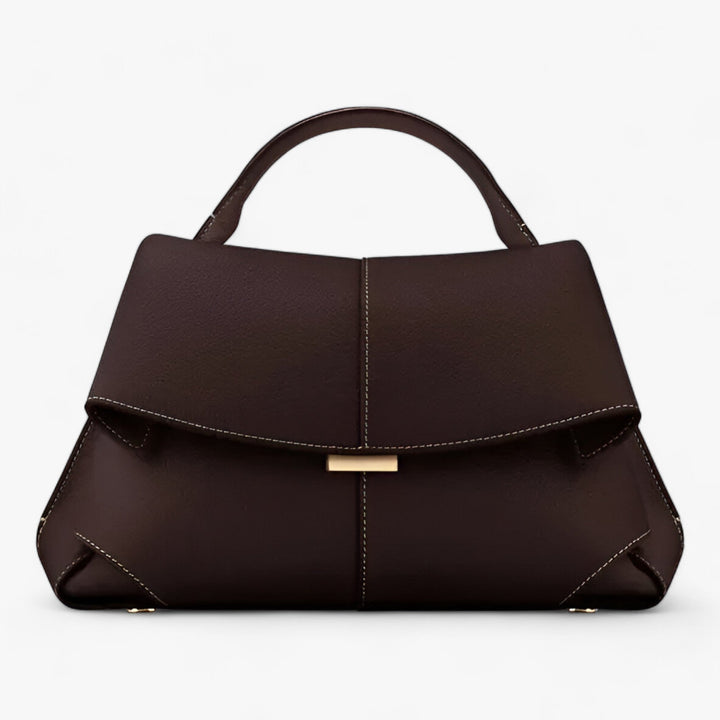 Dunkelbraune Lederhandtasche mit goldenen Akzenten, elegantes Design, Damenmode Accessoire.