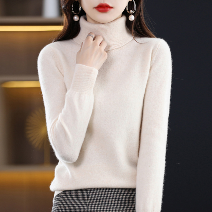 Damen Rollkragenpullover, cremefarben, Kaschmir, elegant, warm, Herbstmode, Langarm.