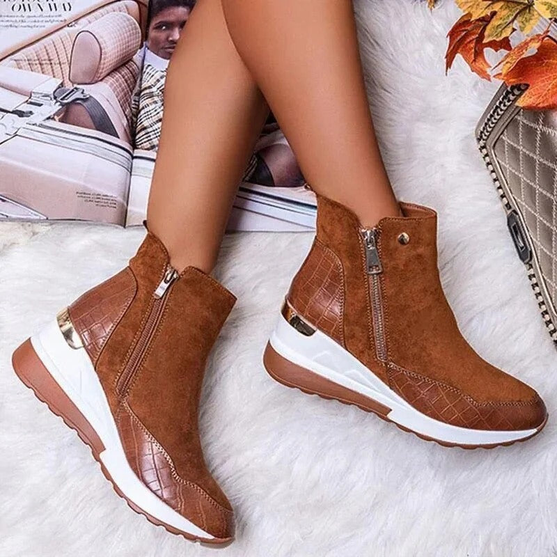 Damenstiefel braun Wildleder Reißverschluss Herbst Wintermode bequem rutschfest.