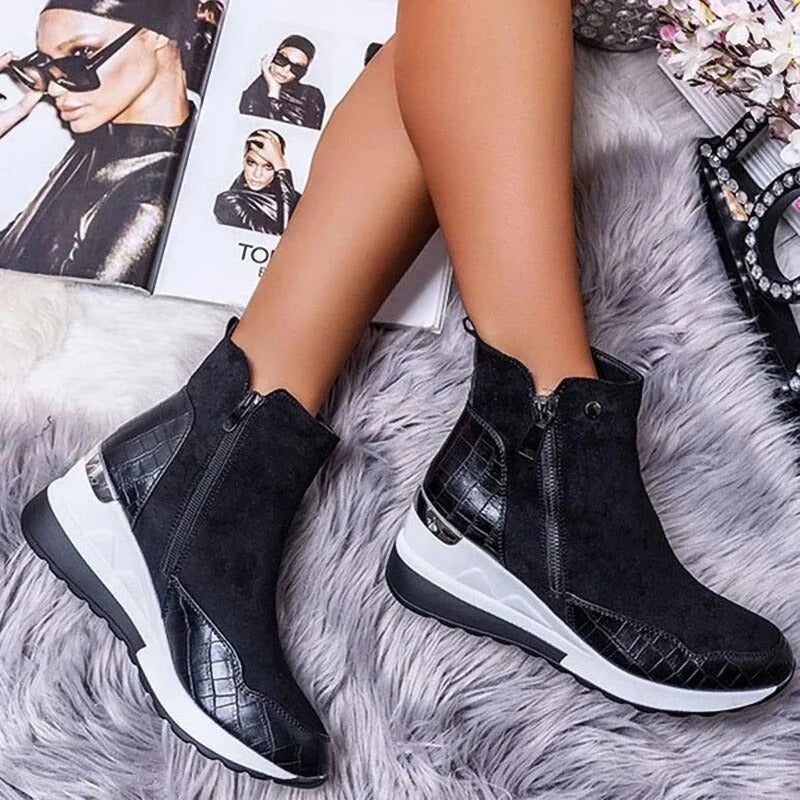 Schwarze Damenstiefeletten, Herbst-Winter, Kunstleder, Reißverschluss, modisch, bequem.