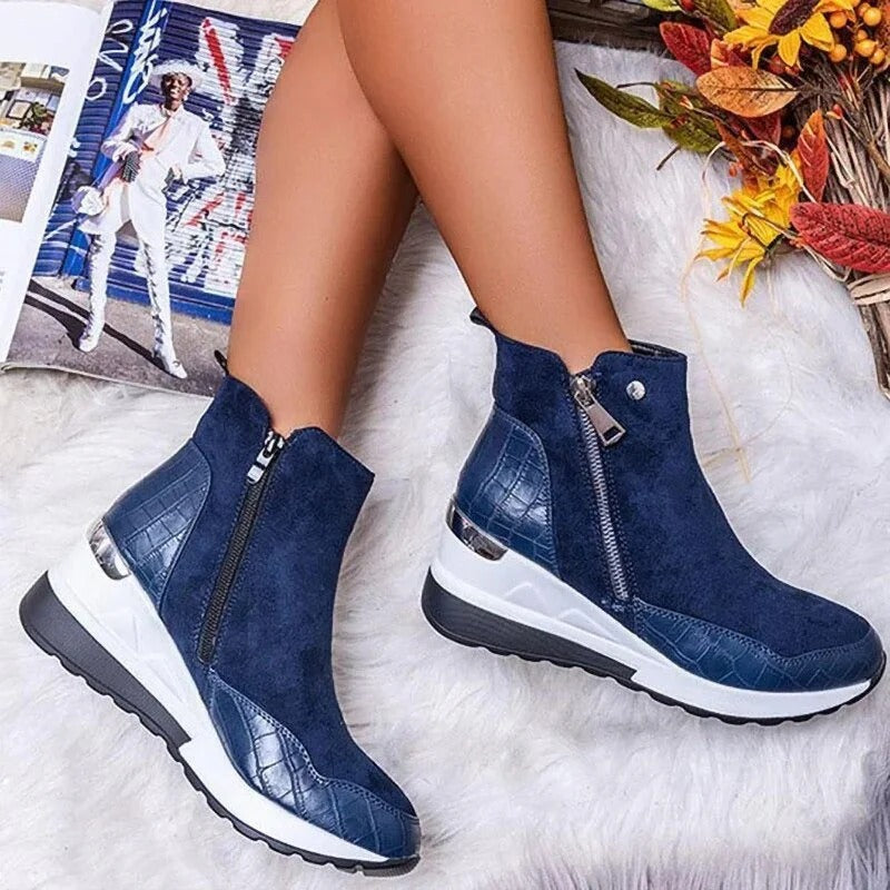 Damenstiefel blau Wildleder Herbst Winter, Reißverschluss, modisch, bequem, rutschfeste Sohle.