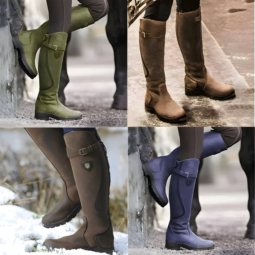 "Damenlederstiefel robust elegant verschiedene Farben, auf Stuhl in modischem Design. Ideal für jeden Look und Anlass."