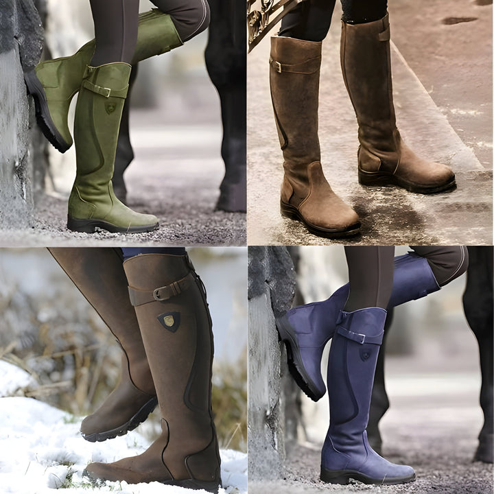 "Damenlederstiefel robust elegant verschiedene Farben, auf Stuhl in modischem Design. Ideal für jeden Look und Anlass."
