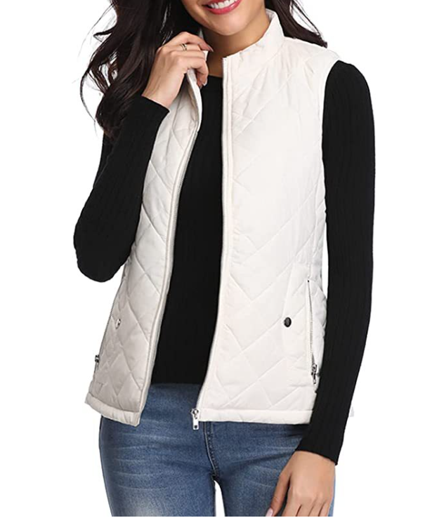 "Damenweste Herbst, leicht gefüttert, stilvoll, beige, Reißverschluss, perfekte Extraschicht, modisch, warm, elegant."