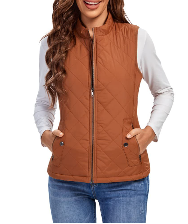 "Damenweste Herbst, leicht gefüttert, stilvoll, beige, Reißverschluss, perfekte Extraschicht, modisch, warm, elegant."