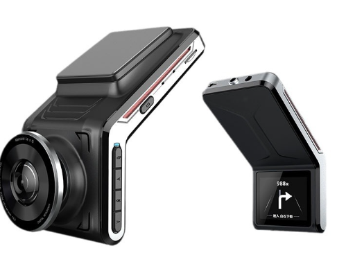 "Dashcam 4K mit Nachtsicht, Dual-Kameras, dunkles Gehäuse, zeigt frontale und rückwärtige Linse, ideal für Vielfahrer"