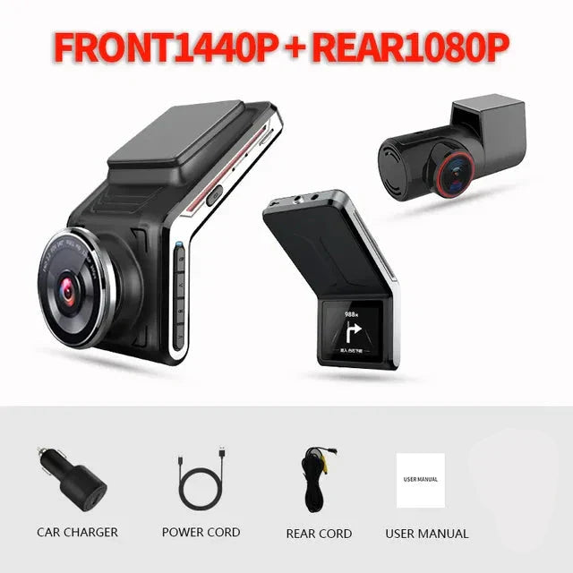 "Dashcam 4K mit Nachtsicht, Dual-Kameras, dunkles Gehäuse, zeigt frontale und rückwärtige Linse, ideal für Vielfahrer"