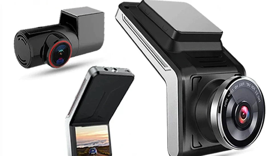 "Dashcam 4K mit Nachtsicht, Dual-Kameras, dunkles Gehäuse, zeigt frontale und rückwärtige Linse, ideal für Vielfahrer"