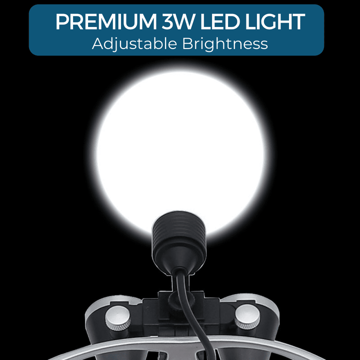 "Dental-Lupen-Set mit 2.5x/3.5x Vergrößerung und LED-Stirnlampe, ideal für zahnmedizinische Präzision, Blau, Schwarz, Silber.