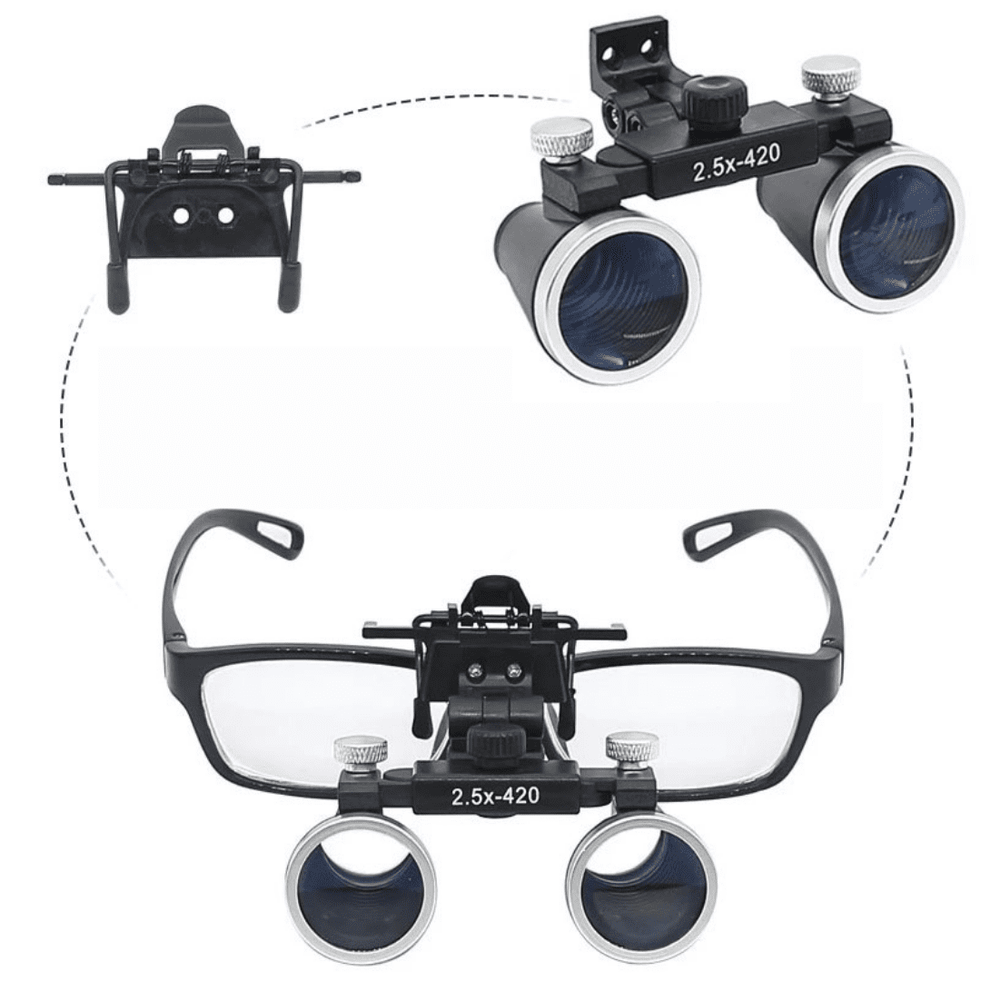 "Dental-Lupen-Set mit 2.5x/3.5x Vergrößerung und LED-Stirnlampe, ideal für zahnmedizinische Präzision, Blau, Schwarz, Silber.