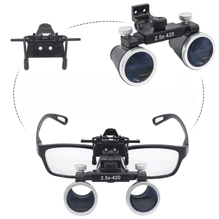 "Dental-Lupen-Set mit 2.5x/3.5x Vergrößerung und LED-Stirnlampe, ideal für zahnmedizinische Präzision, Blau, Schwarz, Silber.