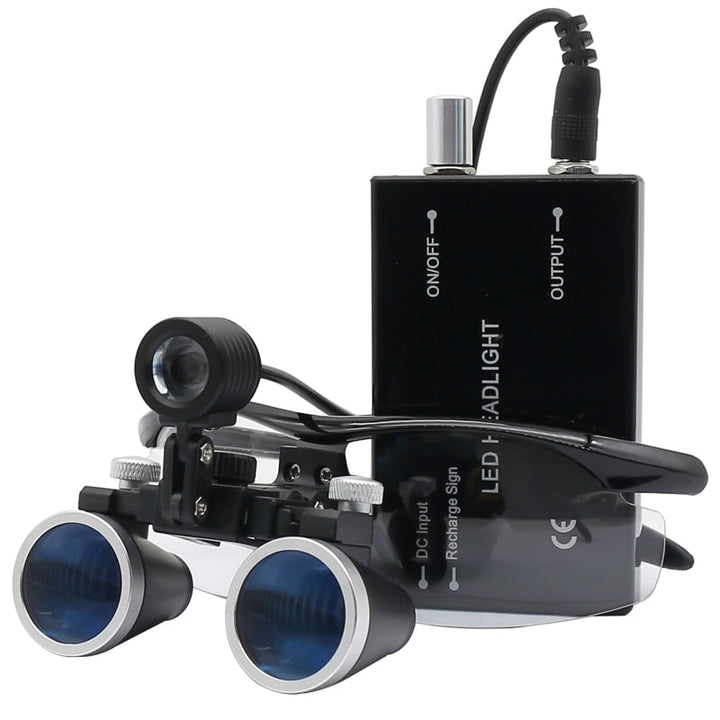 "Dental-Lupen-Set mit 2.5x/3.5x Vergrößerung und LED-Stirnlampe, ideal für zahnmedizinische Präzision, Blau, Schwarz, Silber.