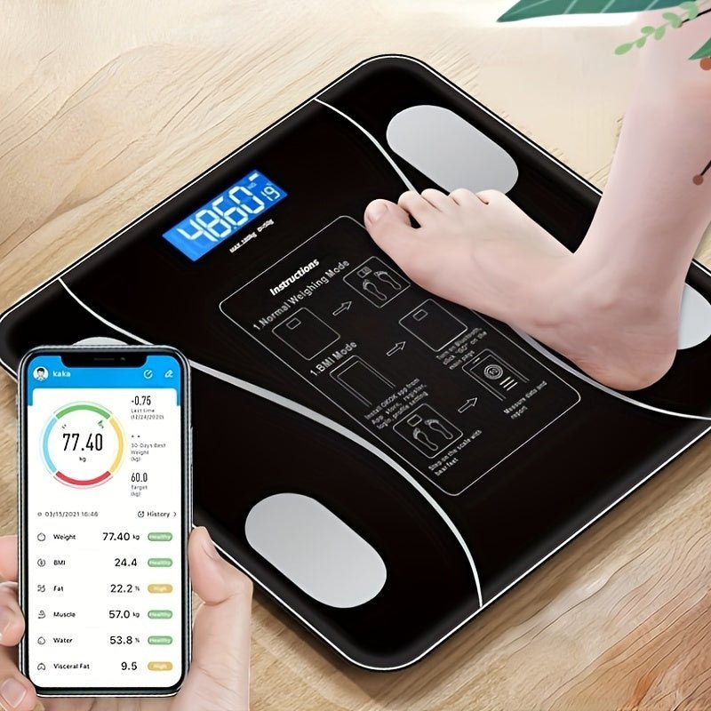 Digitale Personenwaage mit App-Anbindung, schwarz, Glasoberfläche, Körperanalyse, Bluetooth.