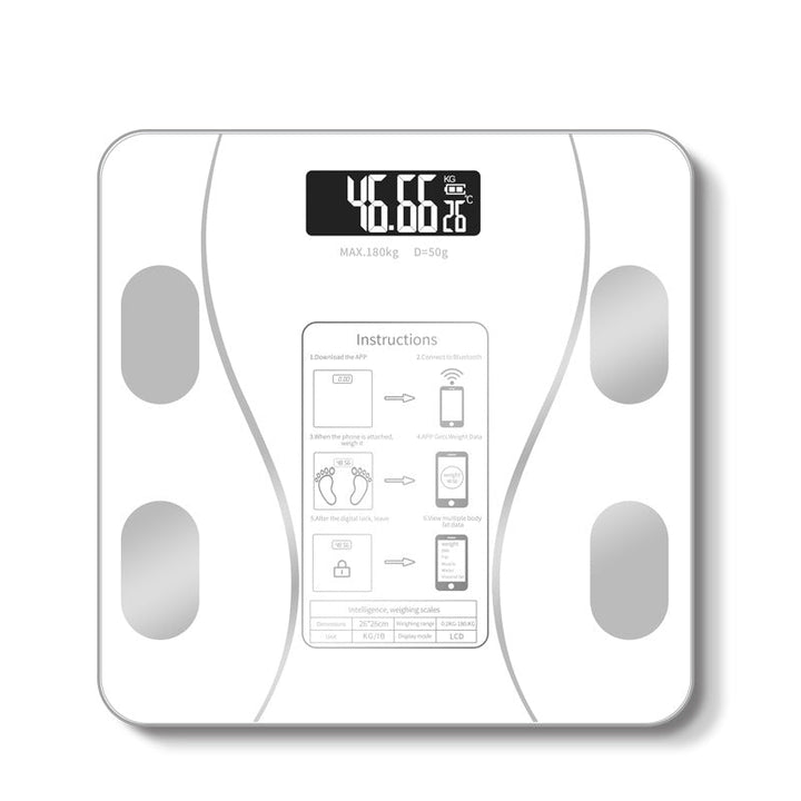 Digitale Personenwaage, weiß, Glas, LCD-Display, Körperfettanalyse, max. 180 kg, modern.