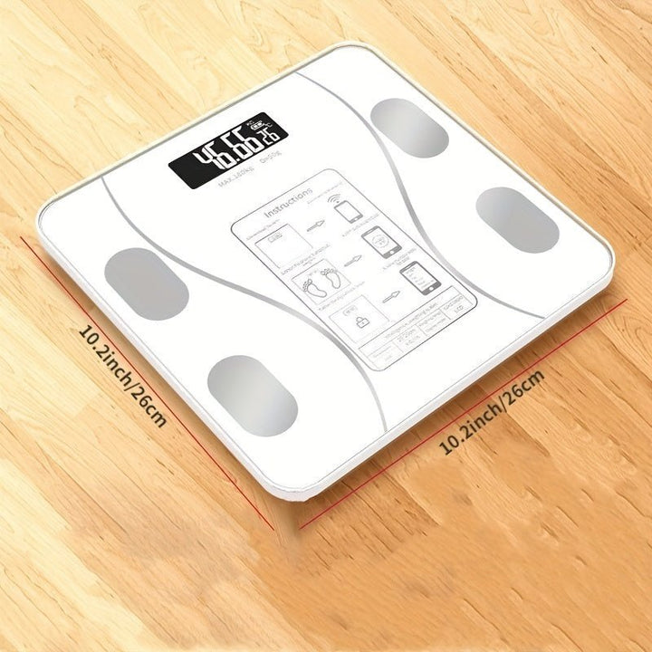 Digitale Personenwaage, weiß, Glas, Körperfettanalyse, LCD-Display, 26x26cm, Badezimmerwaage.