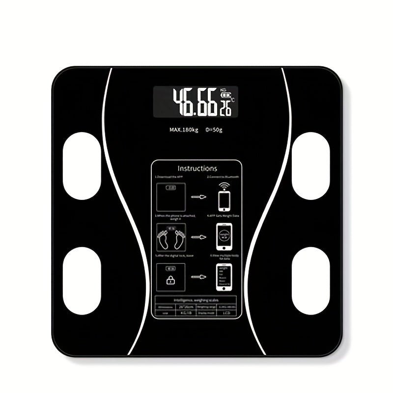 Schwarze digitale Personenwaage mit LCD-Display, Körperfettanalyse, Bluetooth, max. 180 kg.