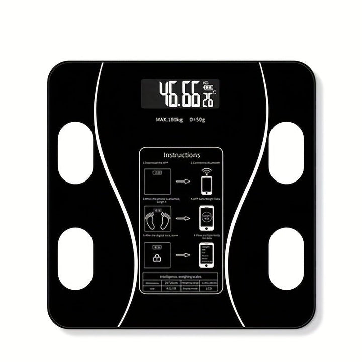Schwarze digitale Personenwaage mit LCD-Display, Körperfettanalyse, Bluetooth, max. 180 kg.