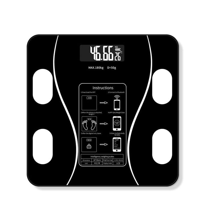 Schwarze digitale Personenwaage mit LCD-Display, maximale Tragkraft 180 kg.