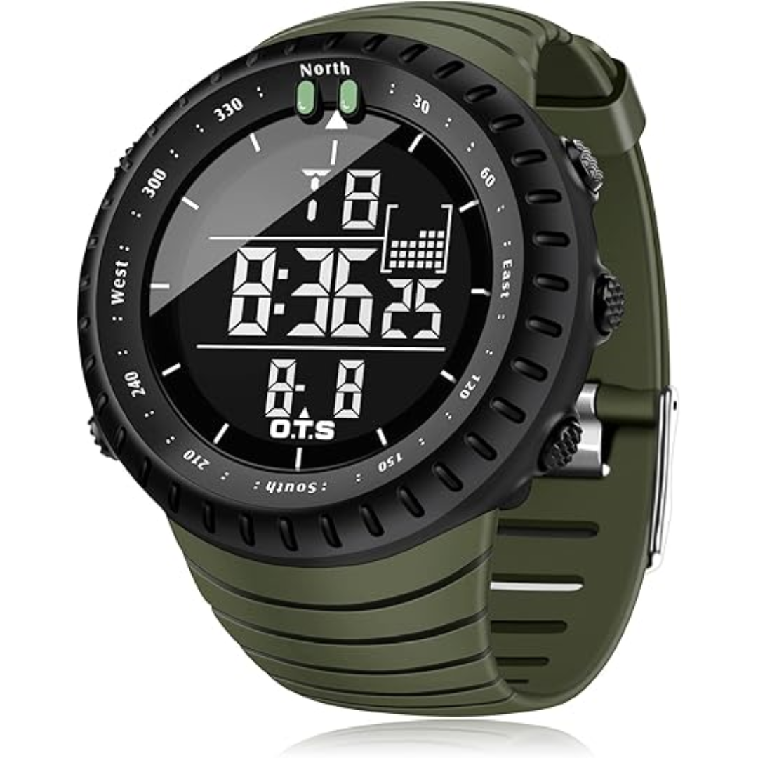 Grüne digitale Armbanduhr mit Kompass, Stoppuhr und LED-Anzeige für Outdoor-Aktivitäten.