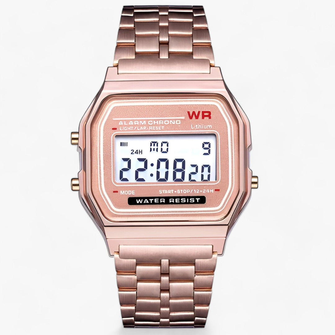 Roségoldene Digitaluhr mit Edelstahlarmband, wasserdicht, Alarmfunktion, LED-Anzeige.