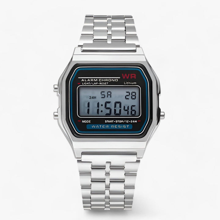 Silberne digitale Armbanduhr, Edelstahlarmband, rechteckiges Zifferblatt, wasserdicht.