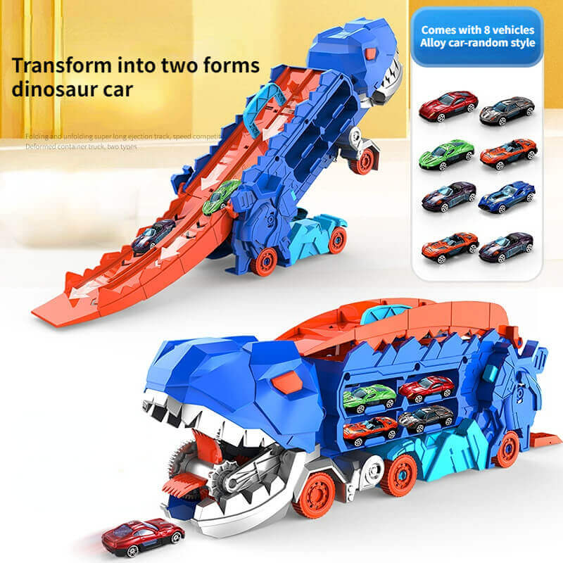 Blau-rotes Dinosaurier-Auto-Spielzeug, transformierbar, mit 8 Mini-Autos, Kinder-Geschenk.