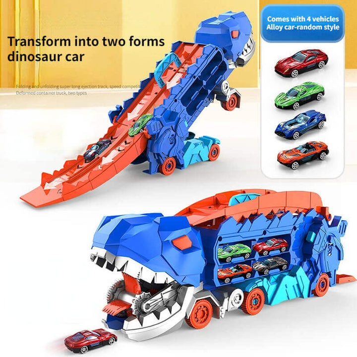 Dinosaurier-Spielzeugauto, blau-rot, transformierbar, inklusive 4 Mini-Autos, Kinder-Geschenk.